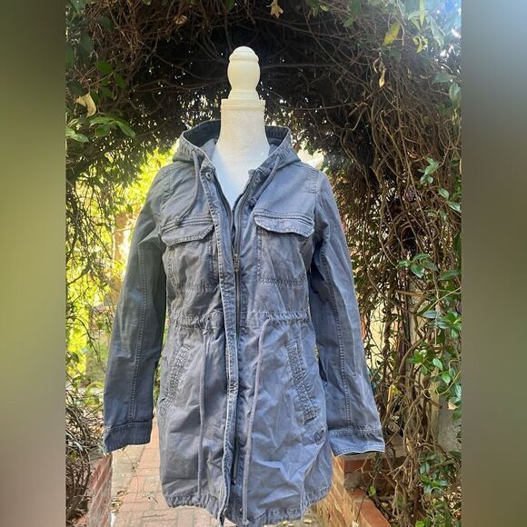 AMERICAN EAGLE DISTRESSED CANVAS UTILITY JACKET HOODED PARKA COAT FADED GRAY S - Picture 8 of 13